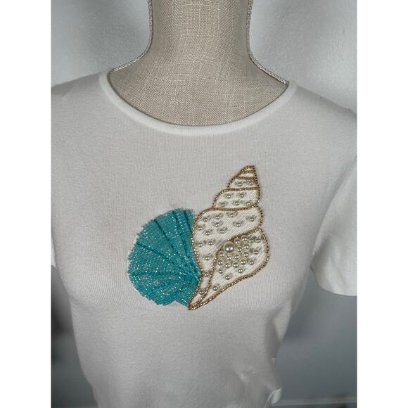 Liv Milano Soft as a Cloud White Seashell Short Sleeve Sweater - M - Picture 2 of 5